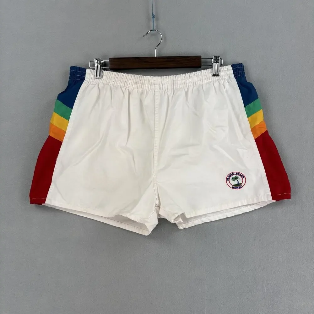 Vintage Pacific Beach Hawaii Swim Trunks Mens XL White Rainbow Stripe Shorts 90s